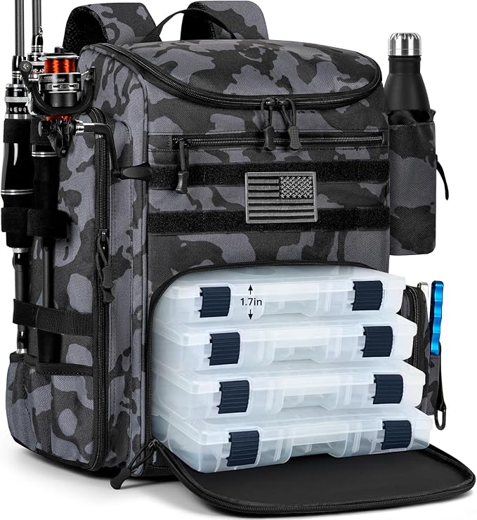 40L Fishing Backpack Water Resistant Fishing Tackle Bag with 2 Rod Holders, Tackle Storage Bag for Anglers（Black camo,Bag Only