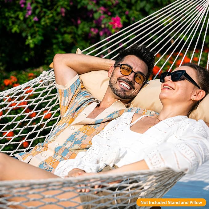 Lazy Daze Hammocks 13-FT Polyester Rope Hammock, Double 2 Person Traditional Hand Woven Outdoor Hammock with Spreader Bar, Carabiners, Tree Straps, Chains for Outside Patio- Max 450 Lbs, Natural