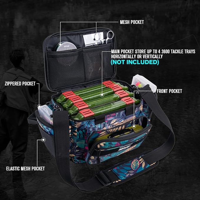 Goture Fishing Tackle Bag, 600D Water-Resistant Soft Side Crossbody Sling Bag for Men & Women,Small Gear Storage Tactical Bags for Saltwater & Freshwater,Fits 4 3600 Tackle Boxes (Not Included)