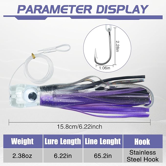 Trolling Lures Saltwater for Tuna Mahi Marlin Wahoo Dolphin Shark Offshore Trolling Baits with Squid Skirt Big Game Fishing Lures Deep Sea Squid Skirts Rig 6/9 inch