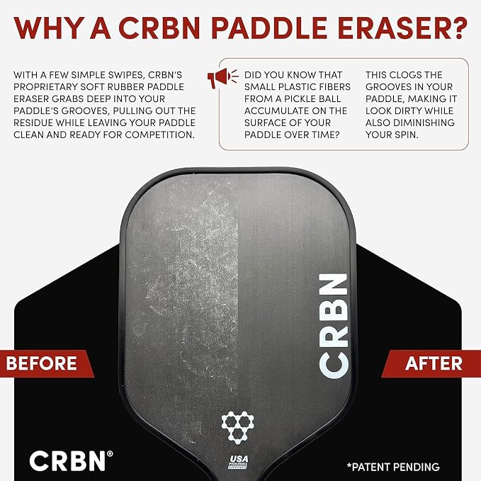 CRBN Pickleball - Paddle Eraser, Best Carbon Fiber Pickle Ball Racket Cleaner, Fast & Easy Rubber Bar to Remove Ball Residue, Dirt, & Minor Scrapes/Scratches - Choose 1 Pack or 2 Pack