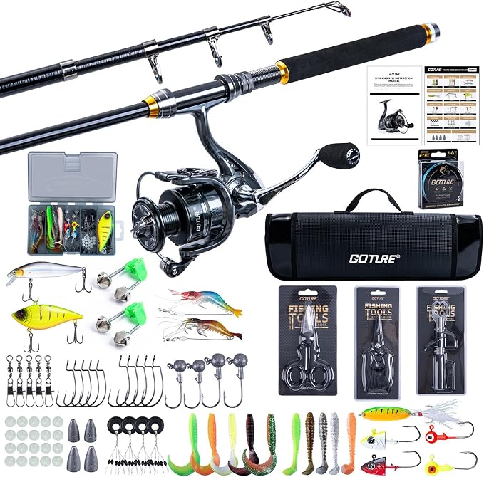 Goture Telescopic Fishing Rod and Reel Combo with Carrier Bag,1.8M-2.7M | Carbon Fiber Pole,5.2:1 Spinning Reel,Line,Pliers,Fish Gripper,Scissors,Lures Set, for Starter Travel Saltwater Freshwater