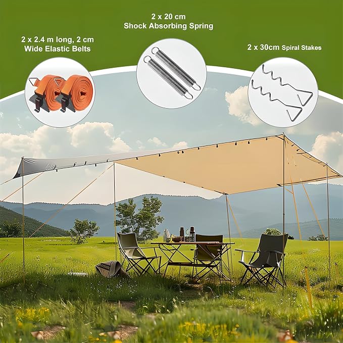 RV Awning Tie Down Kit, Campers Awning Anchors Accessories, Wind Protection RV Awning Anchor Kit, Includes Ratchet Strap, Buffer Tension Spring and Storage Bag for Most Campers Outdoor Camping