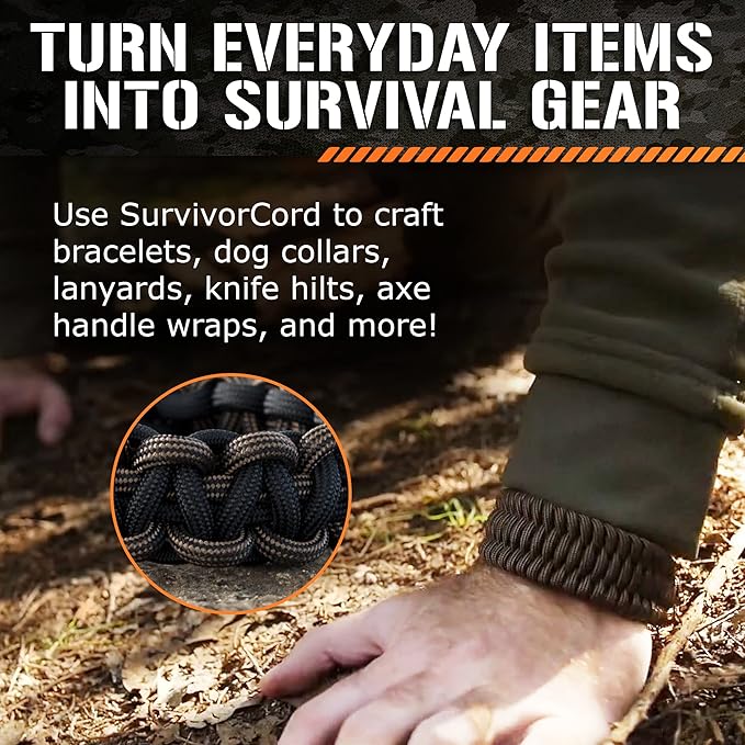 SurvivorCord Paracord - From Titan Survival - Patented 620LB Strength 550 Military Paracord with 3 Strands - Heavy Duty 550 Hank Cord Camping & Outdoor - Paracord with Firestarter & Survival Cord