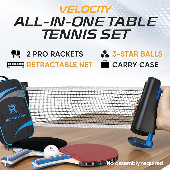 Velocity Table Tennis Paddle Set – 2 Ping Pong Rackets with ITTF-Approved Rubber, Retractable Net System, 3-Star Balls & Carry Case for Indoor & Outdoor Games and Travel Play