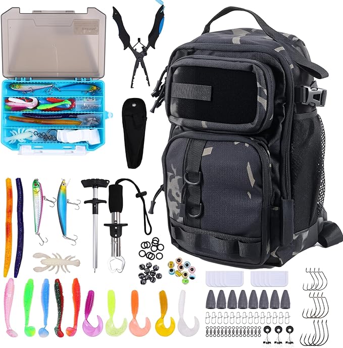 Jaylene 16.5Inch Fishing Backpack with Tackle Boxes, Fishing Backpack with Rod Holder, Waterproof Sling Tackle Bag For Gear With Lures, Pliers, Fish Lip Gripper Gifts for Men（103PCS Tool Kit）