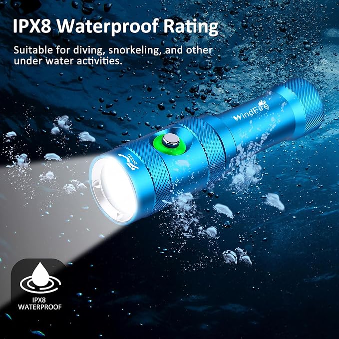 WINDFIRE Scuba Diving Light – Super Bright Diving Flashlight with 3 Modes & Power Indicator, IP68 Waterproof Rechargeable Underwater Torch for Scuba Diving, Snorkeling, and Underwater Exploration