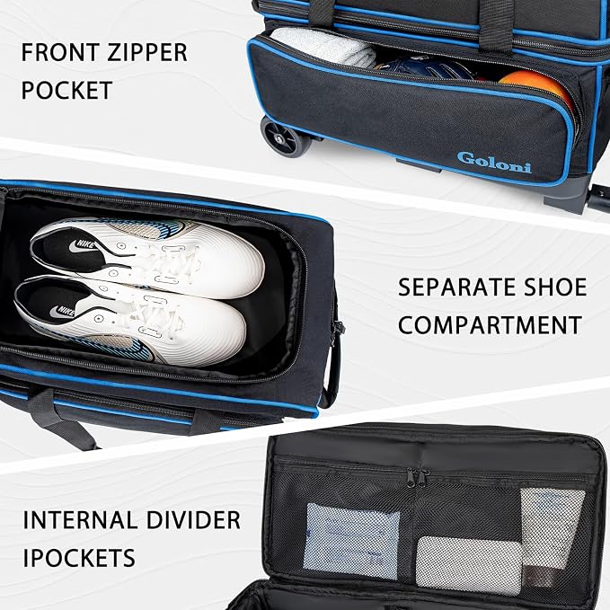Goloni Double Roller 2 Ball Bowling Bag with Separate Shoe Compartment,2 Ball Bowling Bag with Wheels,Retractable Handle Extends to 40"