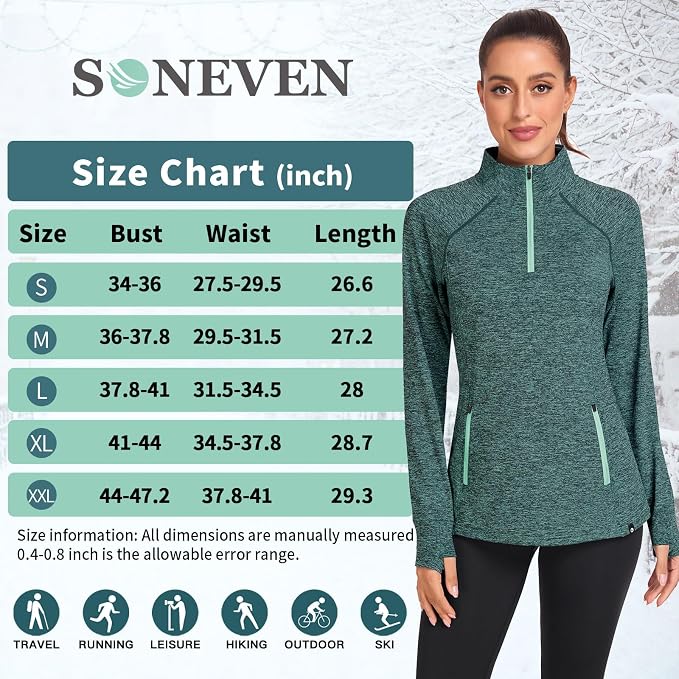 Soneven Women's Thermal Fleece Running Shirts Warm Winter Pullover Cold Weather Workout Hiking Tops with Thumb Holes Pockets