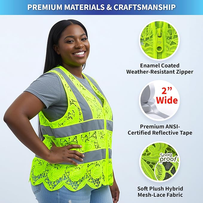 Lace-Mesh Safety Vest for Women & Men - Breathable, High Visibility Vest with Zipper & ANSI Class 2 Reflective Strips