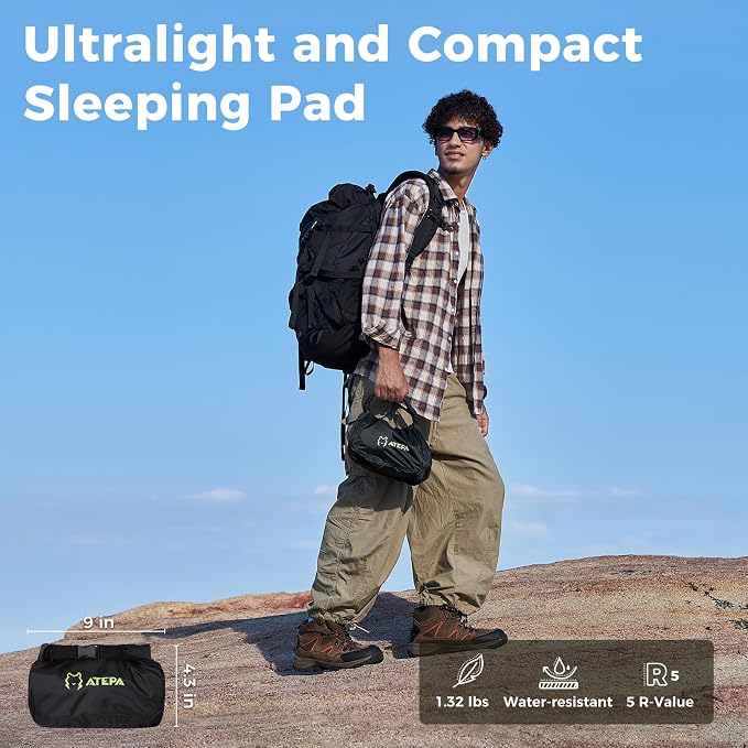ATEPA ThermAir Ultralight Sleeping Pad for Camping & Backpacking, 5 R-Value Insulated Inflatable Air Mattress with Pump Sack, Compact 3.5” Thick Sleeping Mat, Wide Long Size