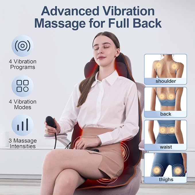 SLOTHMORE Massage Seat Cushion, Vibration Back Massager with Heat, Massage Chair Pad with Adjustable Neck Pillow, Neck/Back/Hip Heating, 8 Vibration Motors, Father Day Gifts