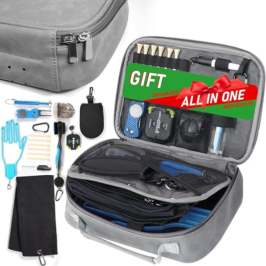GAIARENA Golf Essential Accessories Kit with Luxury Carrying Case Bag, Golf Gift for Golfers, Golf Ball Liner Towel Cleaning Brush Divot Repair Tool Club Groove Sharpener