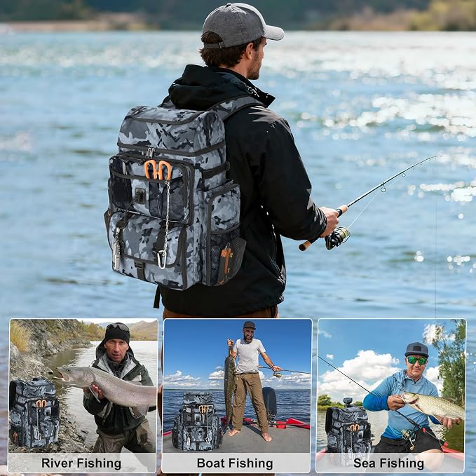 VJI Fishing Tackle Backpack with Rod Holder, Large Tactical Backpack, Fishing Gear Tackle Box Tactical Backpack, Water Resistant Sport Bag and Equipment