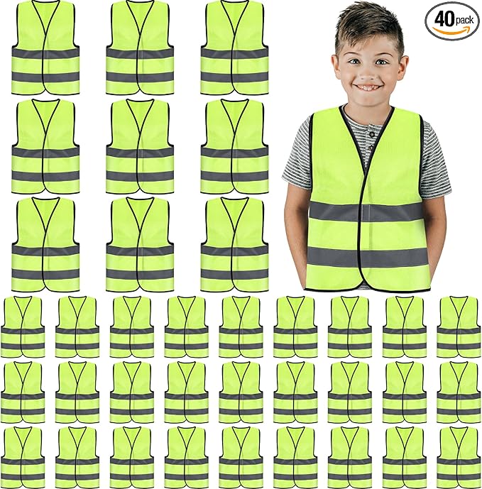 Zhanmai 40 Pcs Kids Safety Vest Bulk High Visibility Reflective Construction Vest with Strips Neon for Traffic Child Outdoor (Yellow)