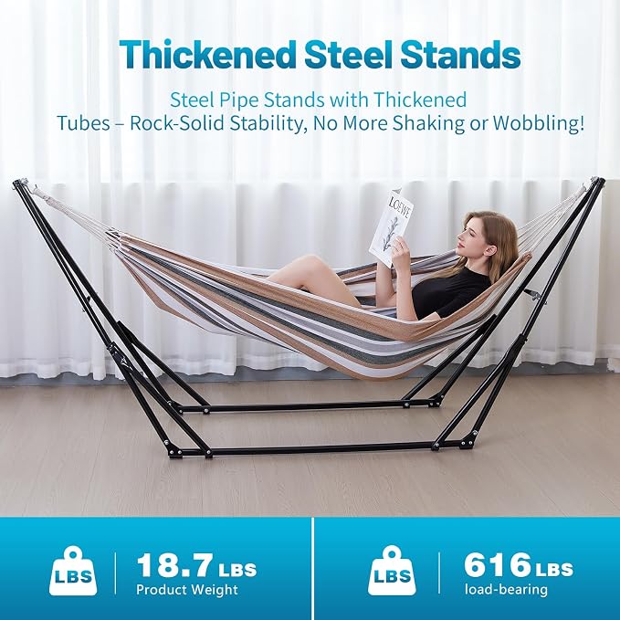 Hammock with Foldable Steel Stand,Frabic Tension Adjustable Indoor,Carrying Bag Included, 616 lbs Weight Capacity, Portable Suitable for Outside Garden Yard Outdoor Inhouse Yellow