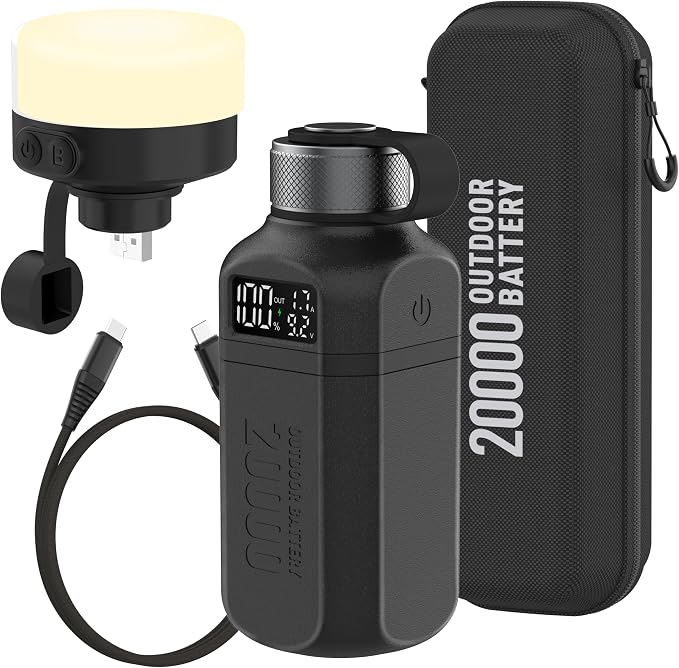 20,000mAh Rugged Power Bank with Fast Charge USB-C PD, IP68 Waterproof Shockproof, Includes 420lm Bright Camping Lantern, Tactical Outdoor Charger for Hiking Camping Survival Emergency（Black）