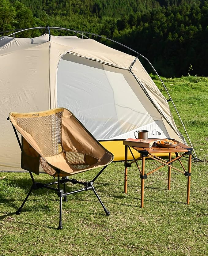 iClimb Ultralight Compact Camping Folding Beach Chair with Anti-Sinking Large Feet and Back Support Webbing (Brown- Square Frame)