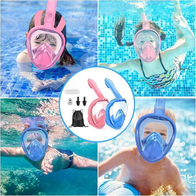 Kids Snorkel Mask Full Face, Snorkeling Gear for Kids with Camera Mount, 180 Degree Panoramic View Snorkeling Set Anti-Fog Anti-Leak