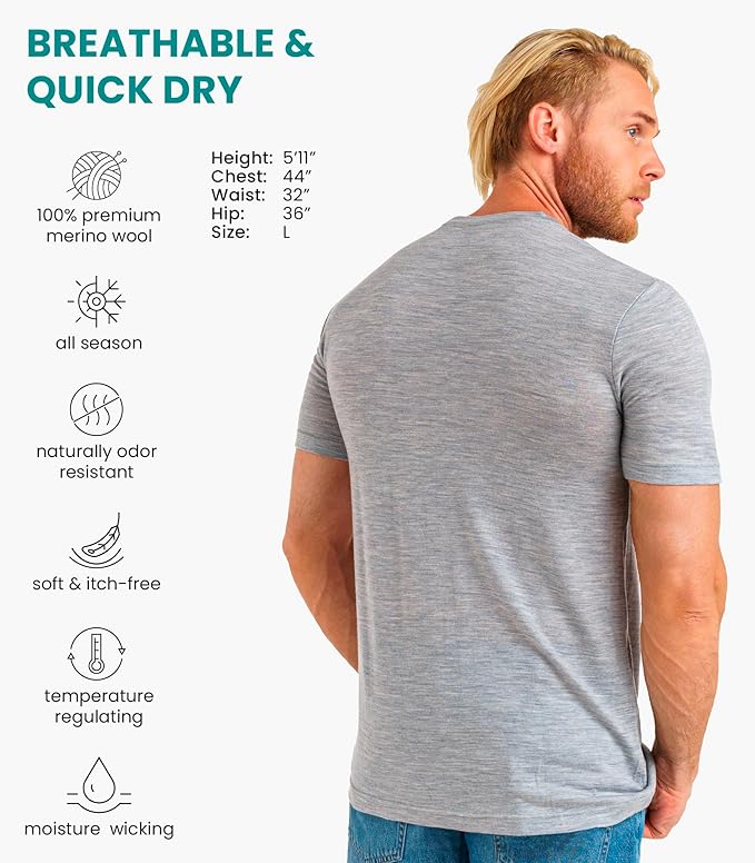 Merino Wool T-Shirt Mens - Merino Wool Undershirt Thermal Shirt for Men and Hiking Socks