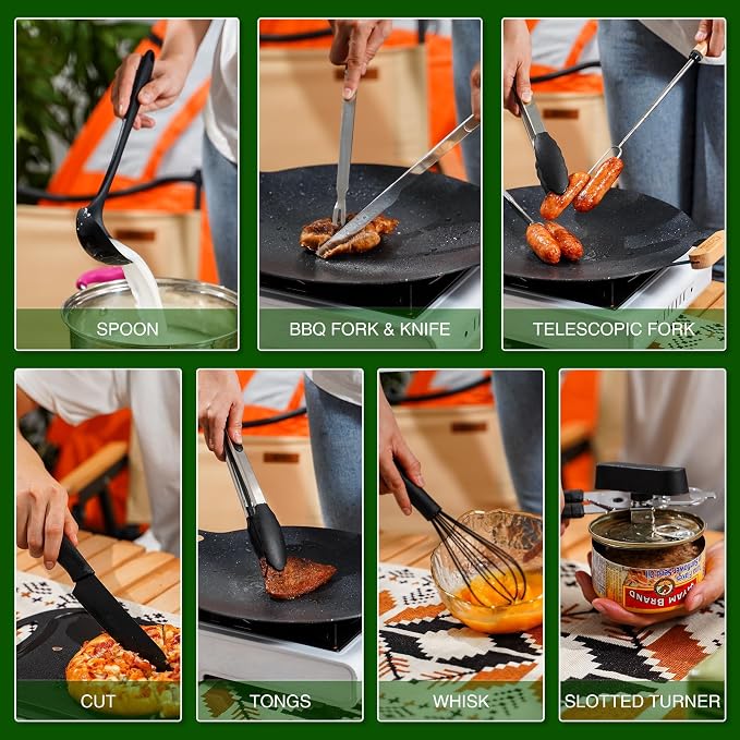 Wesqunie Camping Essentials Cookware Cooking Utensils Set - Portable Camp Kitchen Mess Kit Outdoor Accessories, Stainless Steel & Silicone, Camping Gear Equipment for RV Picnic Grill, 14PCS Black