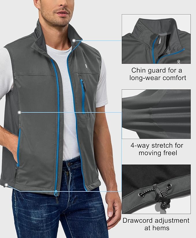 Little Donkey Andy Men's Lightweight Softshell Vest, Windproof Sleeveless Jacket for Running, Hiking, Cycling, Golf