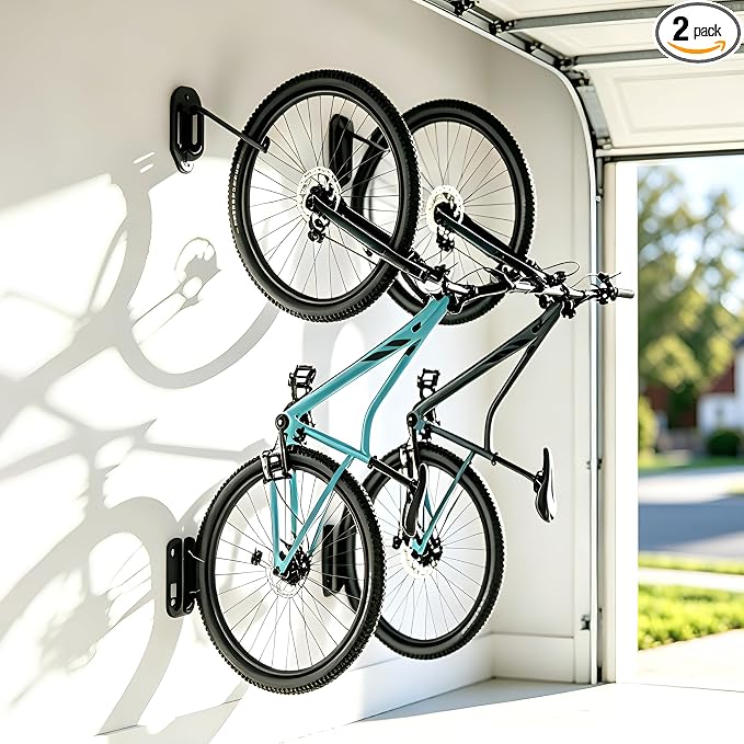 PEGZONE Swivel Bike Wall Mount, Heavy Duty Vertical Bike Rack with Fixed Hooks for Garage Storage, Wall Mounted Bicycle Hangers Holds up to 77 lbs for Indoor, 2 Pack