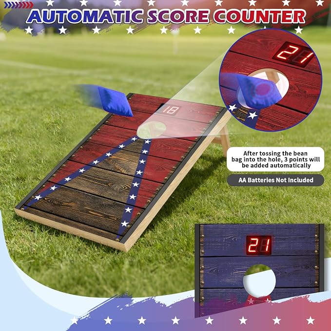 Electronic Cornhole Board Set 4x2ft 3x2ft 2x1ft, Automatic Scoring Corn Hole Games for Adults & Kids, Wooden Portable Cornhole Set with 8 Bean Bags & Carrying Bag for Outdoor, Tailgate, Party
