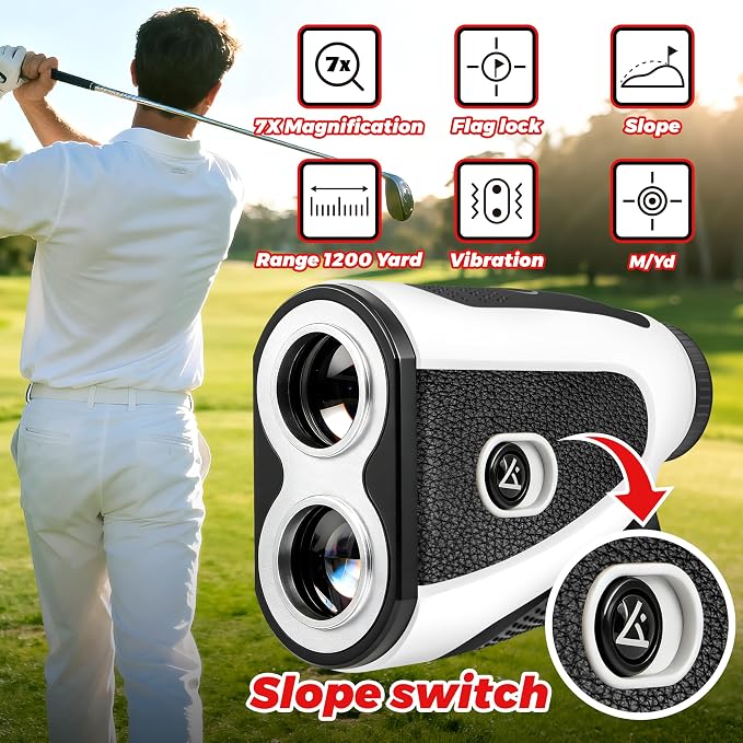 Golf Rangefinder with Slope - 1200 Yards Range Finder for Golfing/Hunting, 7X Magnification, Flag Pole Locking Vibration, Rechargeable Range Finders with Magnet Stripe, Best Golf Accessories Gift