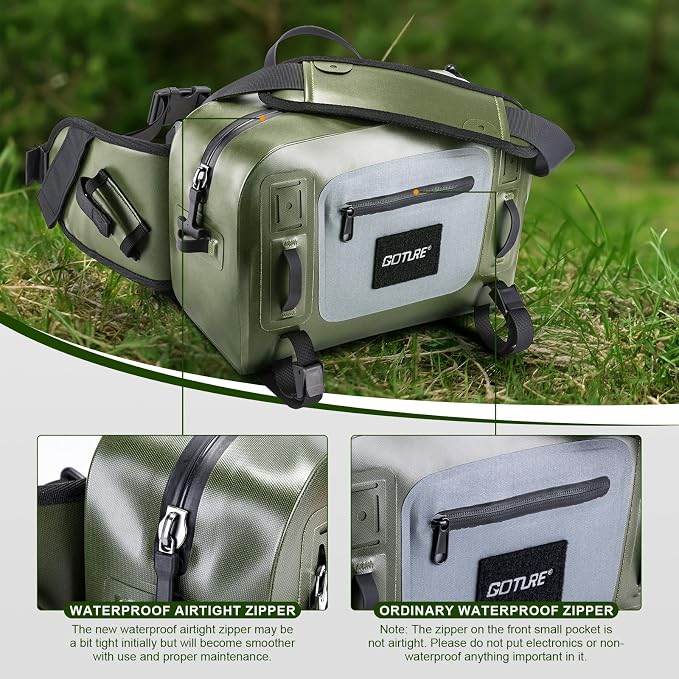 Goture Waterproof Fishing Waist Pack,IPX8 840D TPU Large Tackle Bag with Rod Holder,Airtight Zipper Closure,Fly Fishing Bag with Adjustable Waist Strap,Sling Fanny Pack with Lanyard,Forceps,Nipper