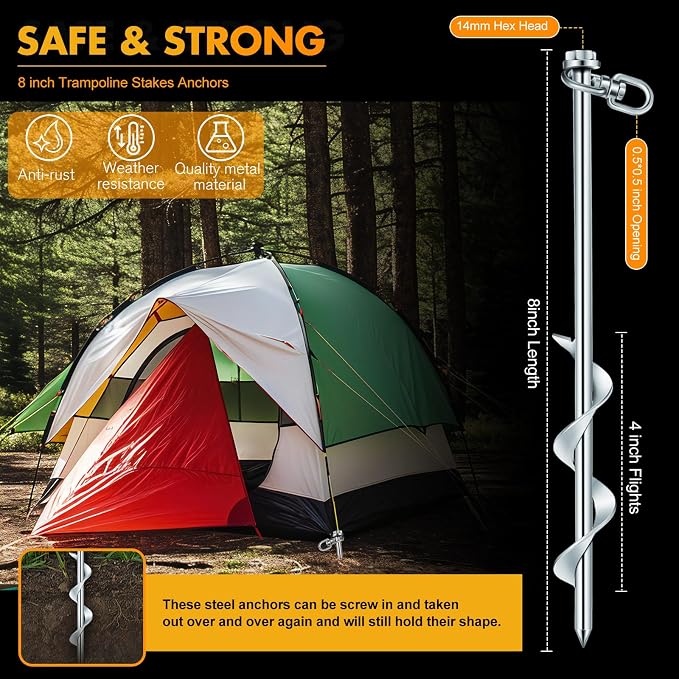 Hiboom 4 Pcs Ground Anchors with T Handle Hex Wrench Trampoline Hook, Ground Anchor Screw in Kit, Inflatable Outdoor Decorations Accessories for Camping Tents Car Ports Canopies (Silver,8 Inch)