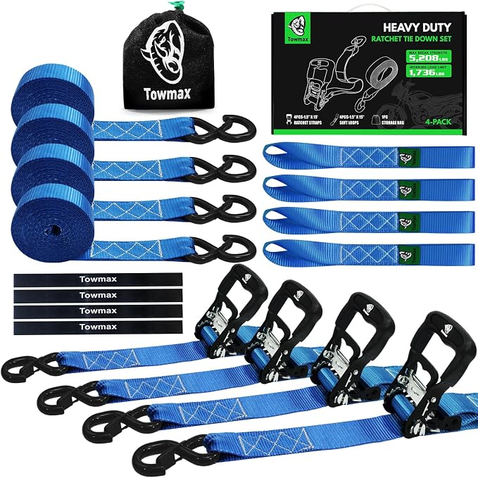 Ratchet Straps Heavy Duty 4 Pack -1.5 Inch x 15 Feet (5,208LB Break Strength)- Motorcycle Tie Down Straps -1.5xThickened Wear-Resistant Ratchet Tie Down Set for Powersports, Motorcycle or Moving Cargo
