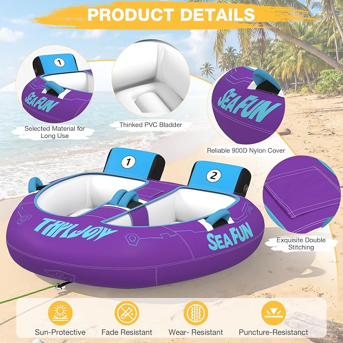 2-Person Towable Tubes for Boating with Towable Rope, Inflatable Cockpit Style Boat Tube for River and Lake，Beginner-Friendly | Towable Rope,Inflatable Cockpit Style,Boat Tube, for River and Lake,Beginner-Friendly