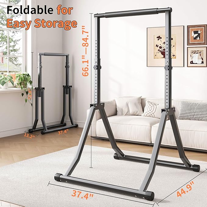 Foldable Power Tower Dip Station for Pull Ups, 66.1"-84.6" 12 Level 700 LBS, Adjustable Dip Handles & Assistance Bands Foldable Home Gym Equipment