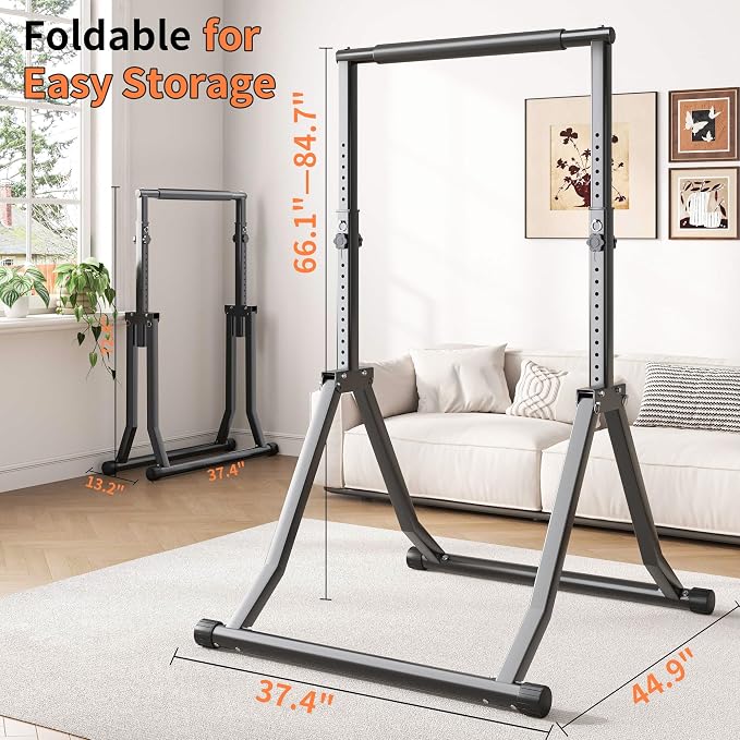 Foldable Power Tower Dip Station for Pull Ups, 66.1"-84.6" 12 Level 700 LBS, Adjustable Dip Handles & Assistance Bands Foldable Home Gym Equipment