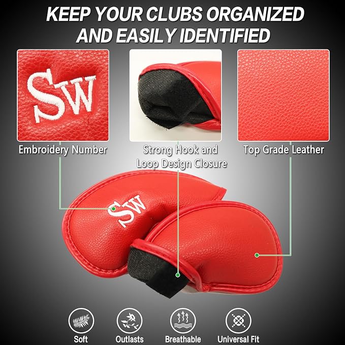 FINGER TEN Premium Synthetic Leather Stylish Iron & Wedge Golf Head Covers Value 12 Piece Set, Embroidered Labels & Fits Most Clubs Gift Set, Travel Protection Accessories