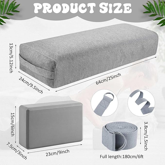 4 Pcs Yoga Bolster Pillows Blocks with Strap Set Comfortable Meditation Pillow with Carry Handle for Restorative Non Slip Reusable Yoga Blocks for Balance, Pilates, Washable Cover