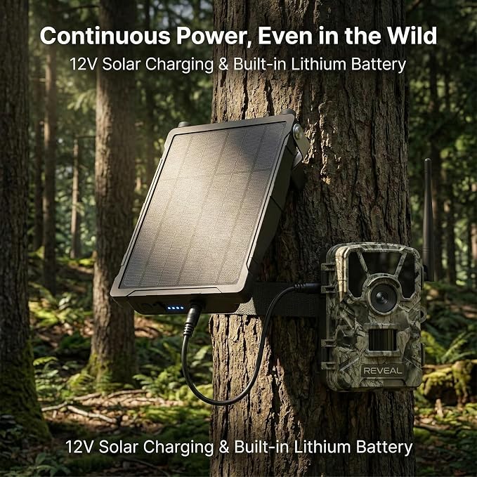 Solar Panel Charger Compatible with Reveal Cellular Trail Cameras X 2.0, X 3.0, X Pro 3.0, Gen 1, SK, XB | 12V Solar Power Supply with Built-in Rechargeable Battery
