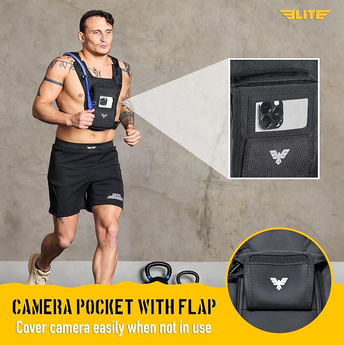 Elite Hydra Running Chest Pack w/ Gun Holster, Phone Holder Touch Friendly, Camera Pocket for Men/Women Lightweight Hydration Vest Chest Rig w/ Water Bladder for Marathon, Cycling, ADV Camping, Skiing