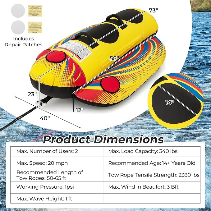 Towable Tubes for Boating, Inflatable Hot Dog Water Tube for Boat to Pull, Water Sports Banana Boat Tubes and Towables w/Double Stitched Nylon Cover, Padded Seat, Easy Grip Handles