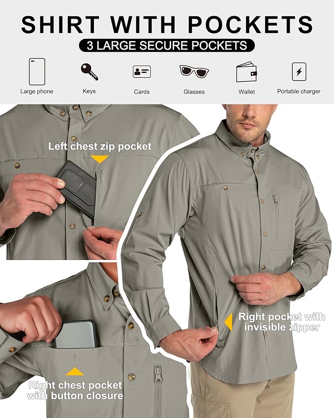 33,000ft Men's UPF 50+ UV Protection Long Sleeve Hiking Shirts Breathable Quick Dry Fishing Shirts for Safari, Outdoor