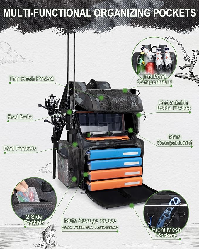 Fishing Backpack, Large Water Resistant Tackle Bag Storage Fishing Gear and Equipment, Built-in Cooler Compartment Khaki