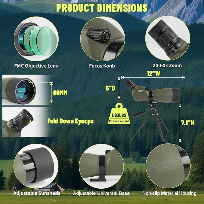 20-60x60 Spotting Scope with Tripod for Target Shooting, Bird Watching