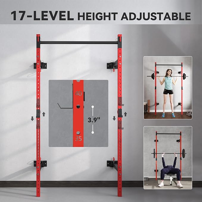 Soozier Folding Squat Rack with Adjustable Pull-Up Bar, 1000 Pounds Capacity Wall Mounted Power Rack, Adjustable Steel Barbell Rack with J Hooks for Home Gym Full Body Workout