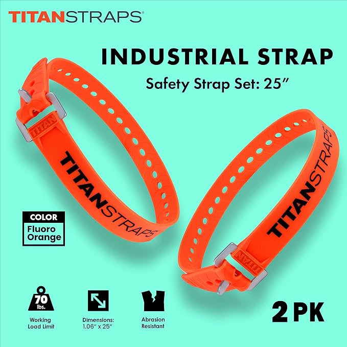 Titan Industrial Straps – Strong & Simple Tie-Downs for Construction (Welders, DIY Home) & 1st Responders – 3 Year Warranty, Batch Tested – 70 lb. Working Load, 25" Length, Safety Orange, 2-Pack