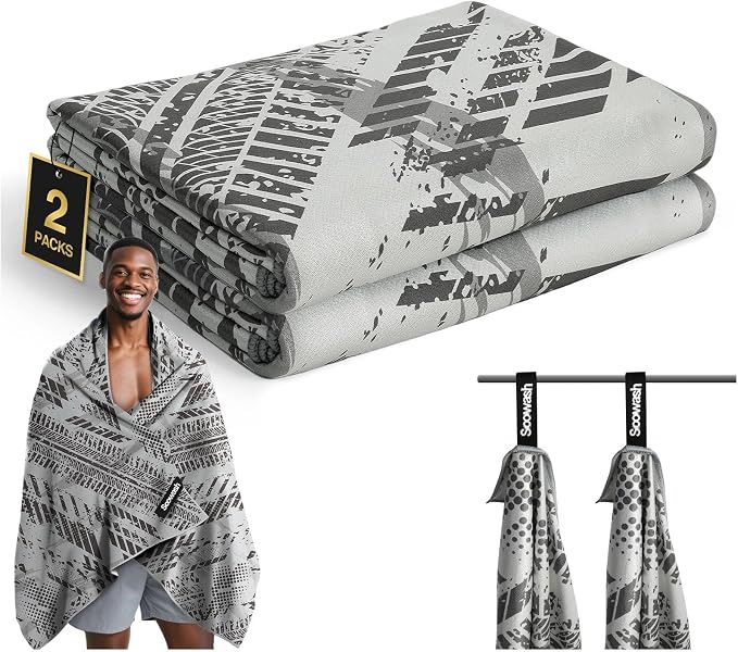 Microfiber Sweat Towel Quick Dry Lightweight Absorbent 2 Pack，Fast Drying 30‘’ X 60‘’ Negative Ions Odorless Gym Towels for Men & Women Yoga Travel Outdoor Camping Gym Beach (Gray Geometric)