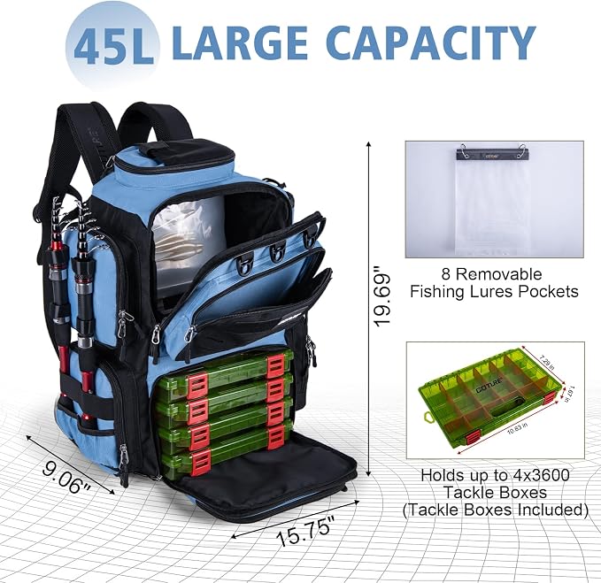 Goture Fishing Backpack with 4 Tackle Boxes,900D Water-Resistant Tackle Backpack with Rod Holders,SBS Zippers,45L Large Tackle Storage Gear Bag with Rain Cover,Bottle Holder for Travel Camping Hiking