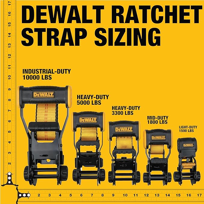 DEWALT DXBC18002-8PK Black/Yellow 1.25" x 12' Ratchet Tie Down Straps - Light-Weight Cargo Hauling (1800 lb Break Strength), 8 Pack