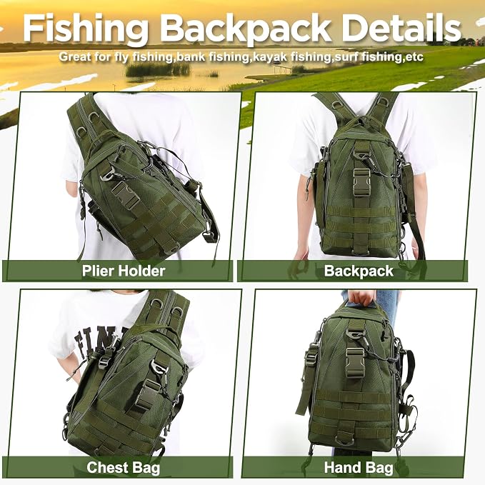 RoundFunny 85 Pcs Fishing Backpack with Tackle Boxes, Tackle Sling Bag with Rod Holder, Fish Lures and Pliers, Fish Tools Gears & Equipment Father's Day Fishing Gift for Dad Men