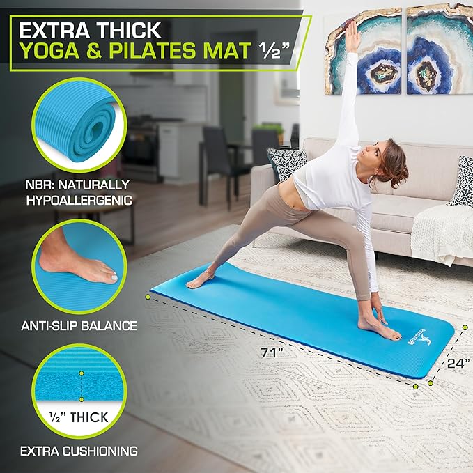 ProsourceFit Extra Thick Yoga and Pilates Mat 1/2” (13mm) or 1" (25mm), 71-inch Long High Density Exercise Mat with Comfort Foam and Carrying Strap